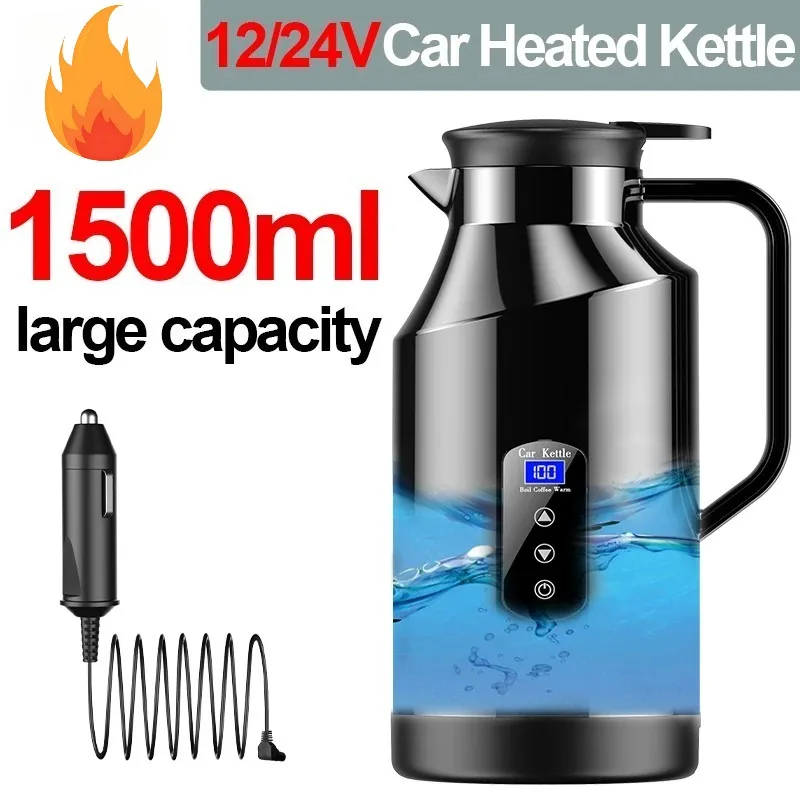 Nouvelle bouilloire électrique de voiture 1500ML 12V 24V à ébullition rapide en acier inoxydable 304 pour voyage et camping, bouteille d'eau chaude, bouilloire à eau chaude 1