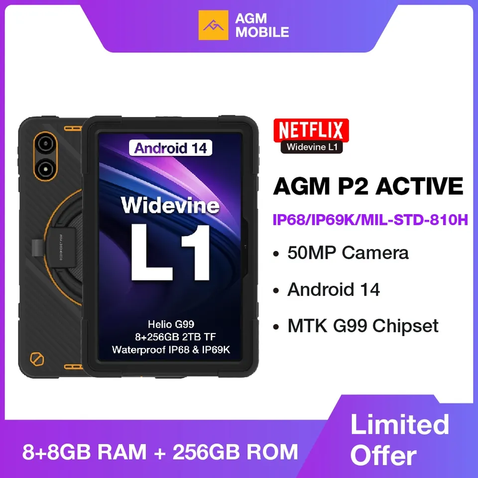  AGM P2 Active 11" FHD Rugged Tablet, IP68 Waterproof/Dustproof, 8GB RAM+256GB, Android 14, G99, Widevine L1 P2W Durable Pad 