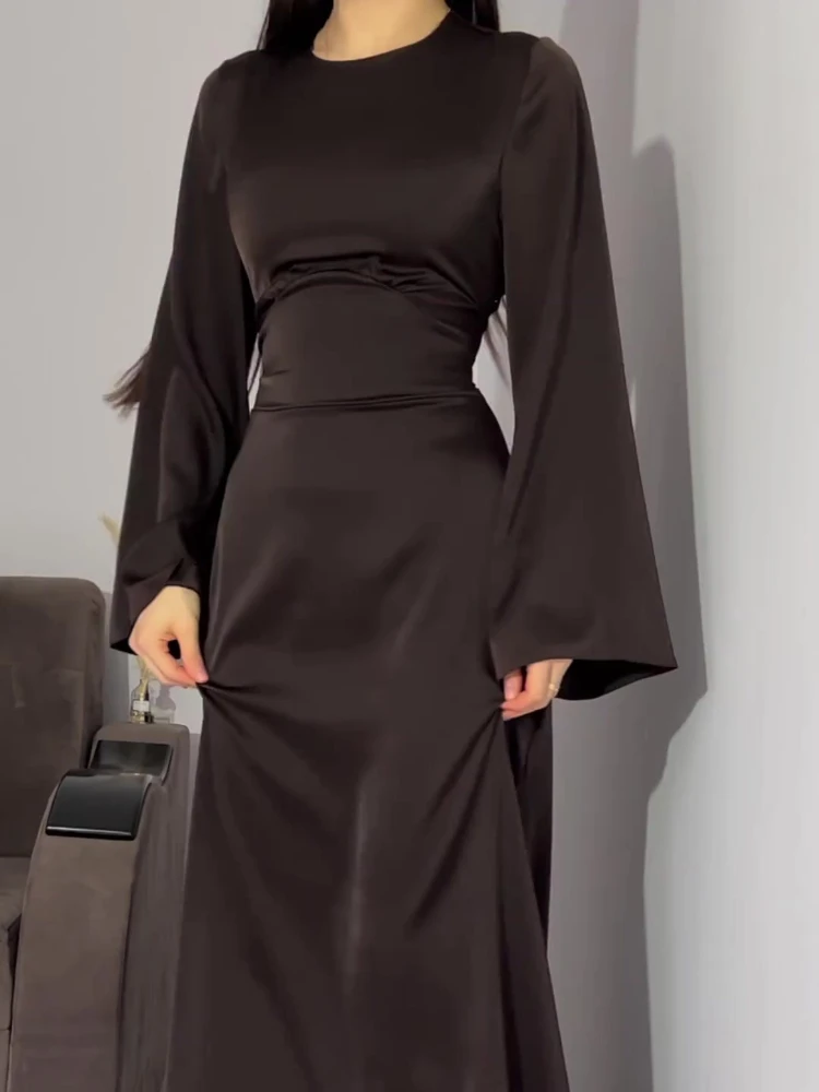 New in Summer Dress Women Fashion Solid Color Satin Dress Women High Neck Long Sleeve High Waist Tie Up Elegant Slim Maxi Dress 5