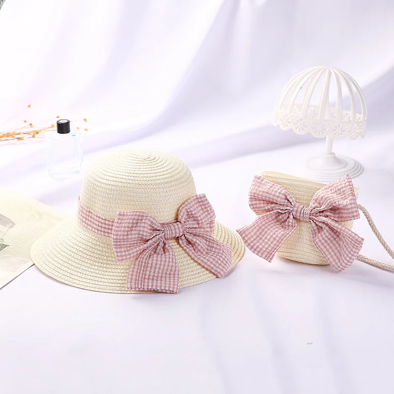 Children Straw Hat Bag Summer Beach Sunscreen Bucket Cap Colorful Flower Bowtie Bag Straw Hat Breathable For Baby Panama Caps