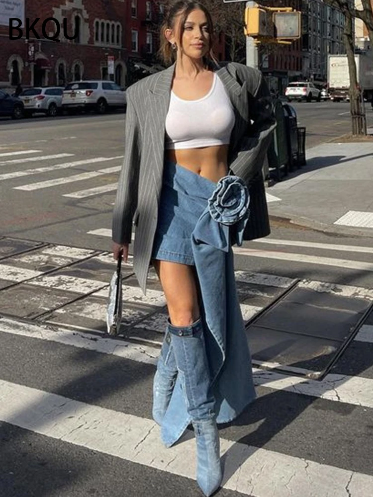 Bkqu 2023 Summer Denim Mini Skirts Y2k Aesthetic 3d Flowers