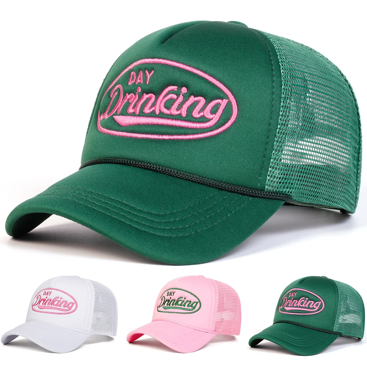Unisex DAY DRINKING Baseball-Netzkappen mit Buchstabenstickerei, verstellbar, für den Frühling und Sommer, lässiger Sonnenschutzhut