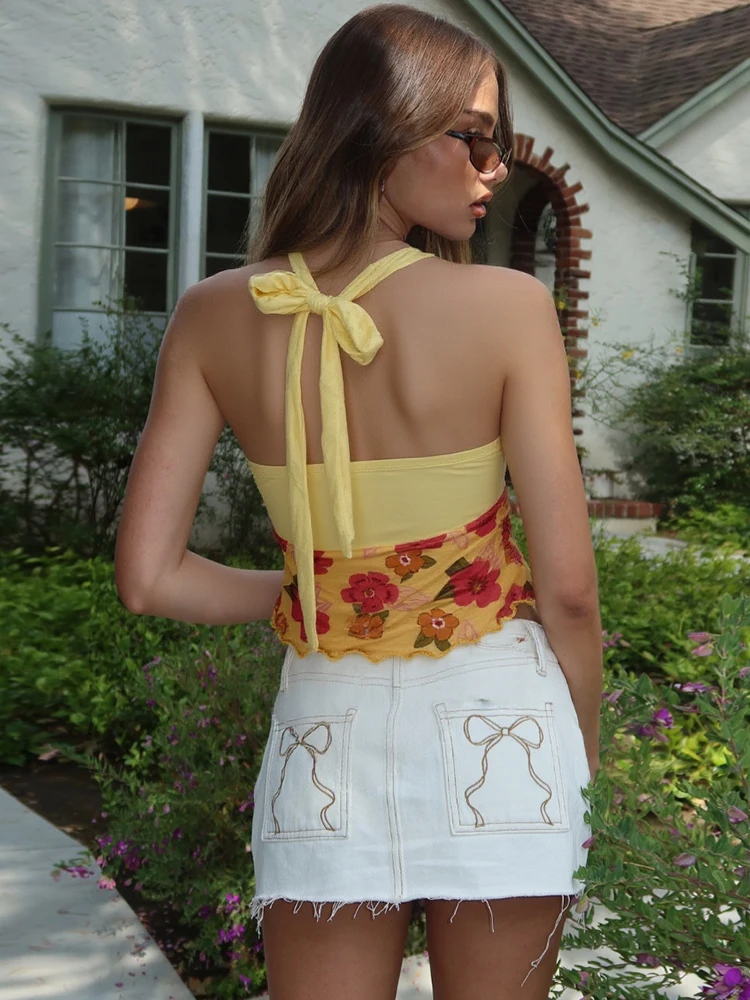 Nibber Patchwork Starfish Halter Tank Tops Women Sexy Y2K Mesh Flowers Summer Fashion Wild Basic Daily Streetwear Hipster Vest