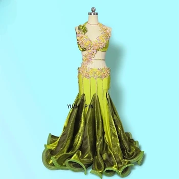 customized belly dance performance costume sparkling diamond lace flower handmade tassel sparkling buttocks fish tail skirt set