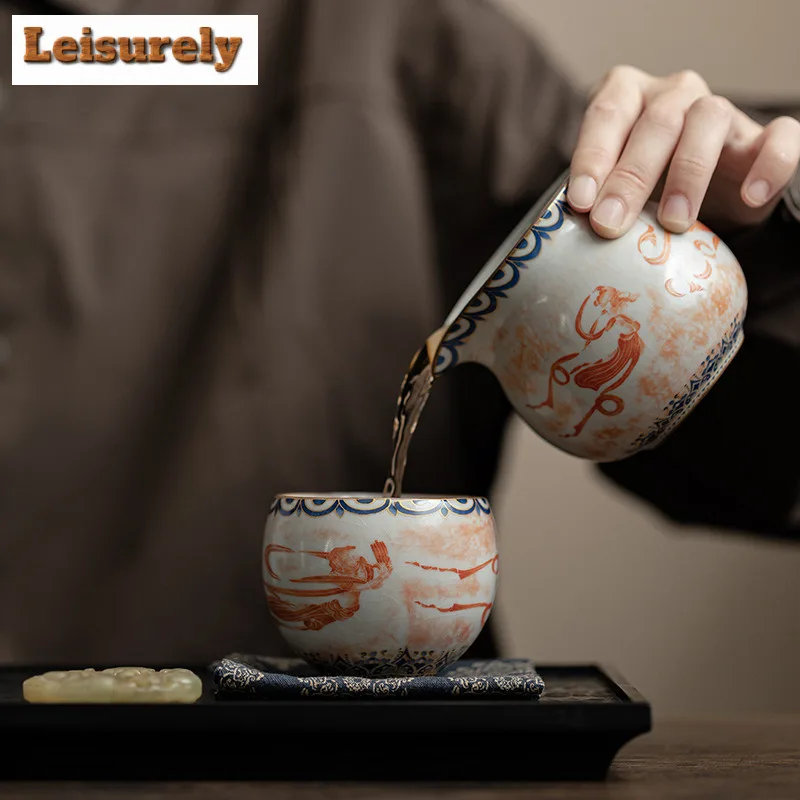 120ML Dunhuang Apsaras Ru Kiln Porcelain Teacup Zen Tea Bowl Cute Cup Fragrance Cup Chazhan Master Cups Teaware Supplies Craft