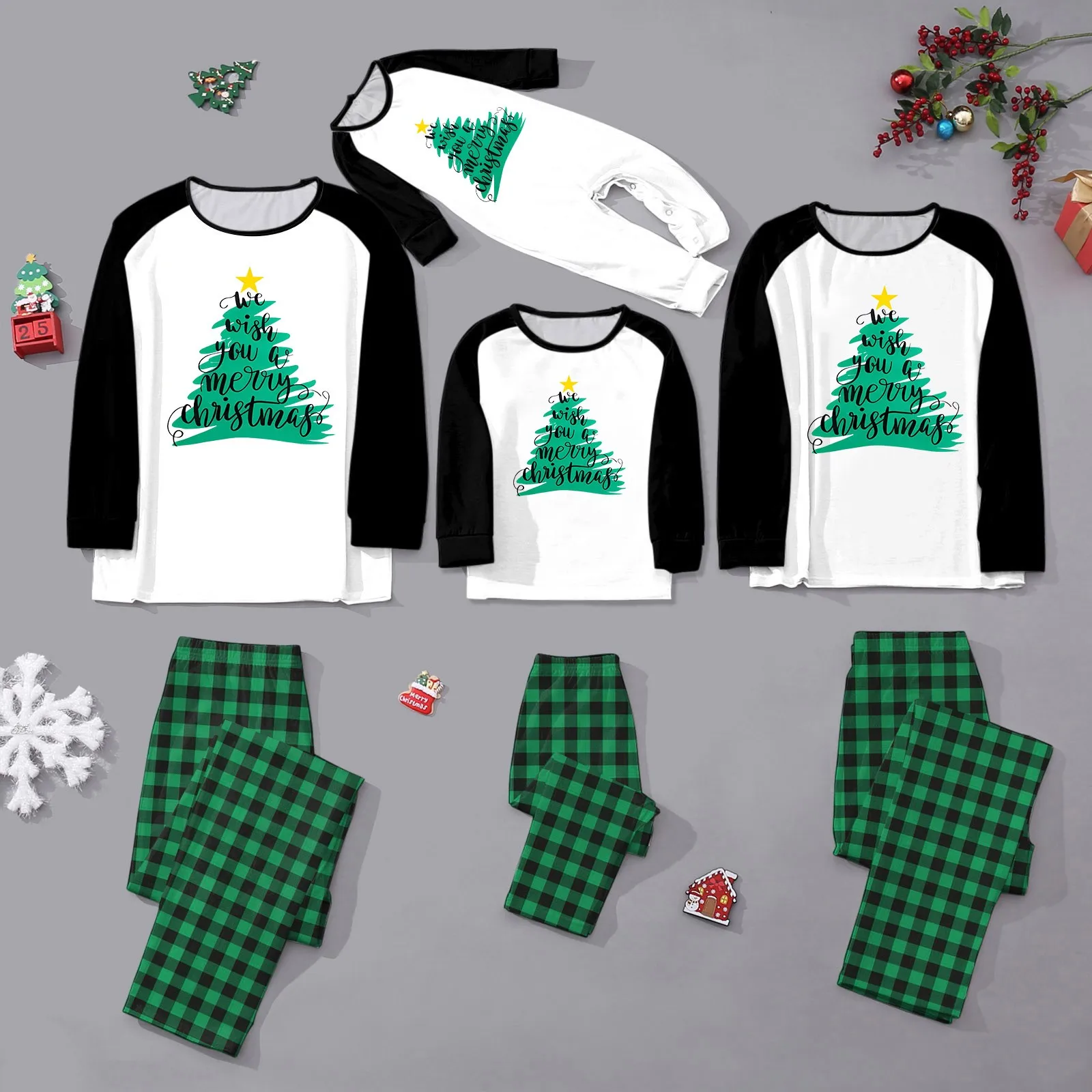 thumbnail image 2 of Pijamas a juego para toda la familia, camisetas de manga larga con estampado de árbol de Navidad y pantalones a cuadros verdes, ropa de dormir para adultos y niños, conjuntos de atuendos, 2 of 5