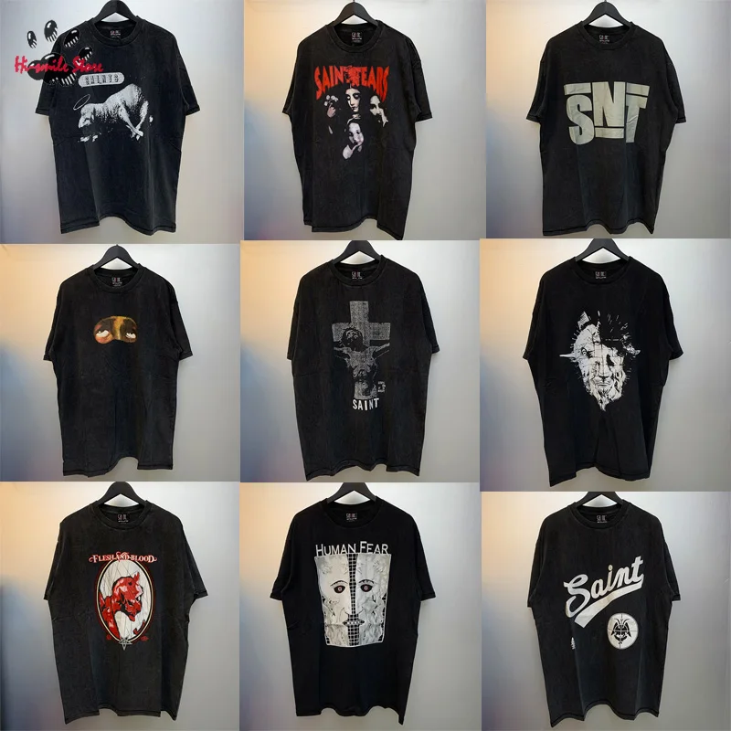 

2024 Oversize T-shirt Men Woman Casual Top Quality SAINT MICHAEL Short Sleeve Heavy Fabric Black Tee