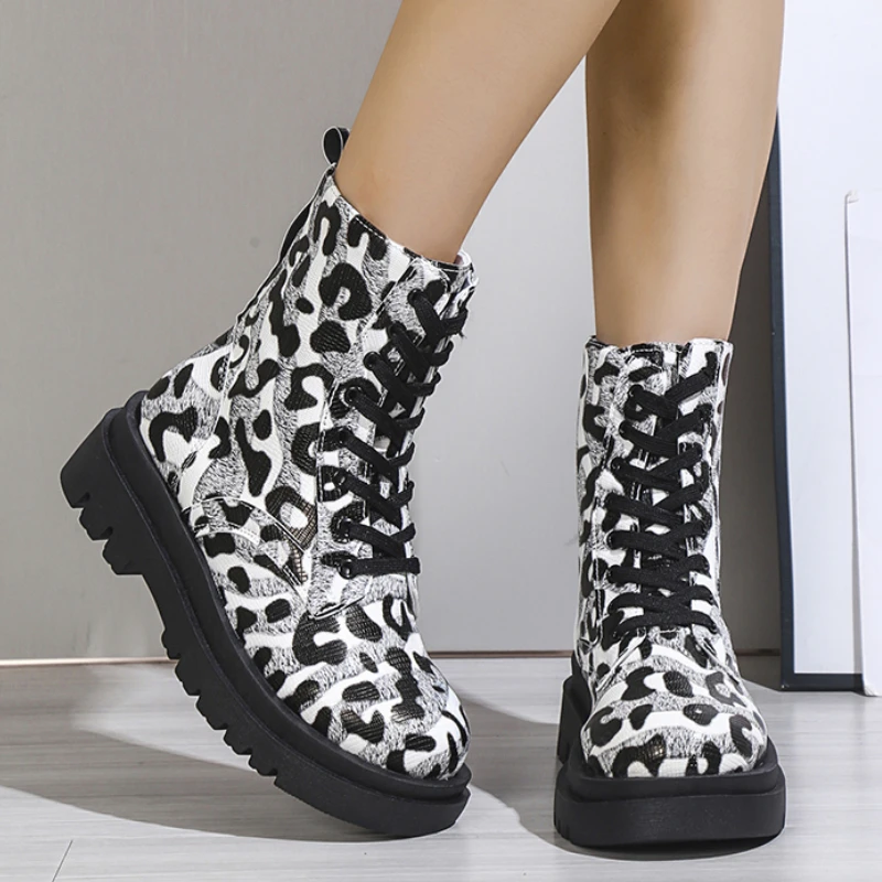 Botas con estampado de leopardo para mujer, zapatos informales con punta redonda, con cremallera, medio, 2022| | - AliExpress