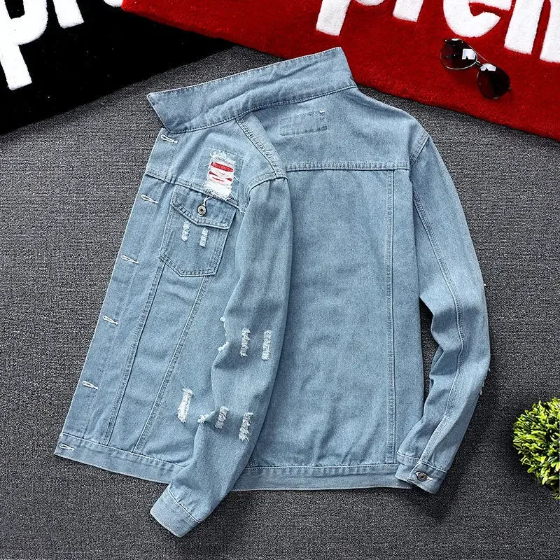 thumbnail image 1 of Chaqueta vaquera negra con botones para otoño para hombre, chaqueta vaquera blanca con estampado de letras, abrigo para hombre, lavado rojo G, estética de bajo coste al precio más bajo, 1 of 5