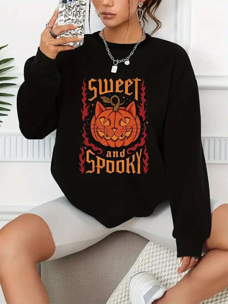 Spooky Pumpkins Print Casual Loose Fashion Long-Sleeved Pullover Solid Color Women's Swearshirts