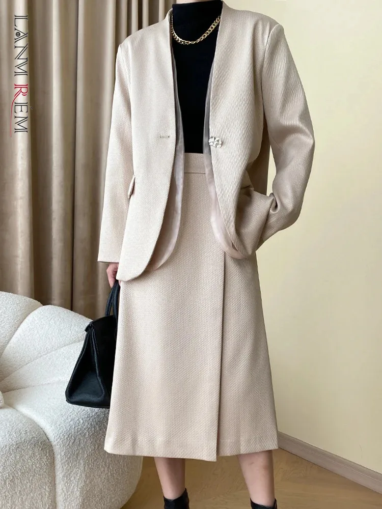 

[LANMREM] Elegant 2 Piece Set For Women V Neck Single Button Blazers High Waist Spliced Skirts Office Lady 2023 Winter New