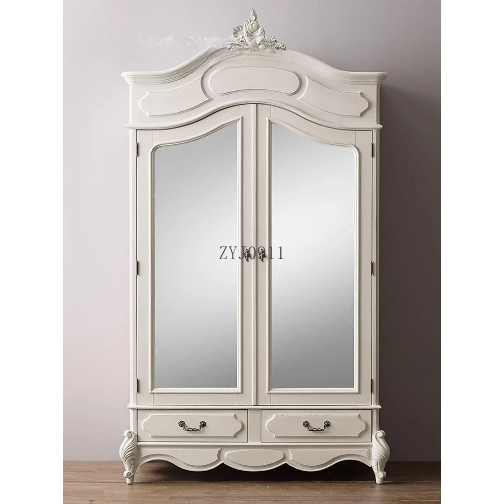 **French Solid Wood Wardrobe Home Bedroom Children's Double Door Drawer Wardrobe American White Girl Room Small Storage
