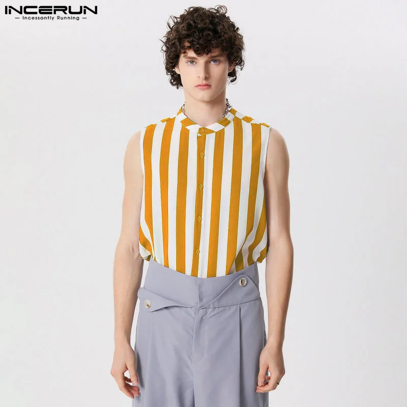 

Handsome Well Fitting Tops INCERUN New Men Striped Stand Neck Design Shirts Casual Party Shows Male Sleeveless Blouse S-5XL 2024
