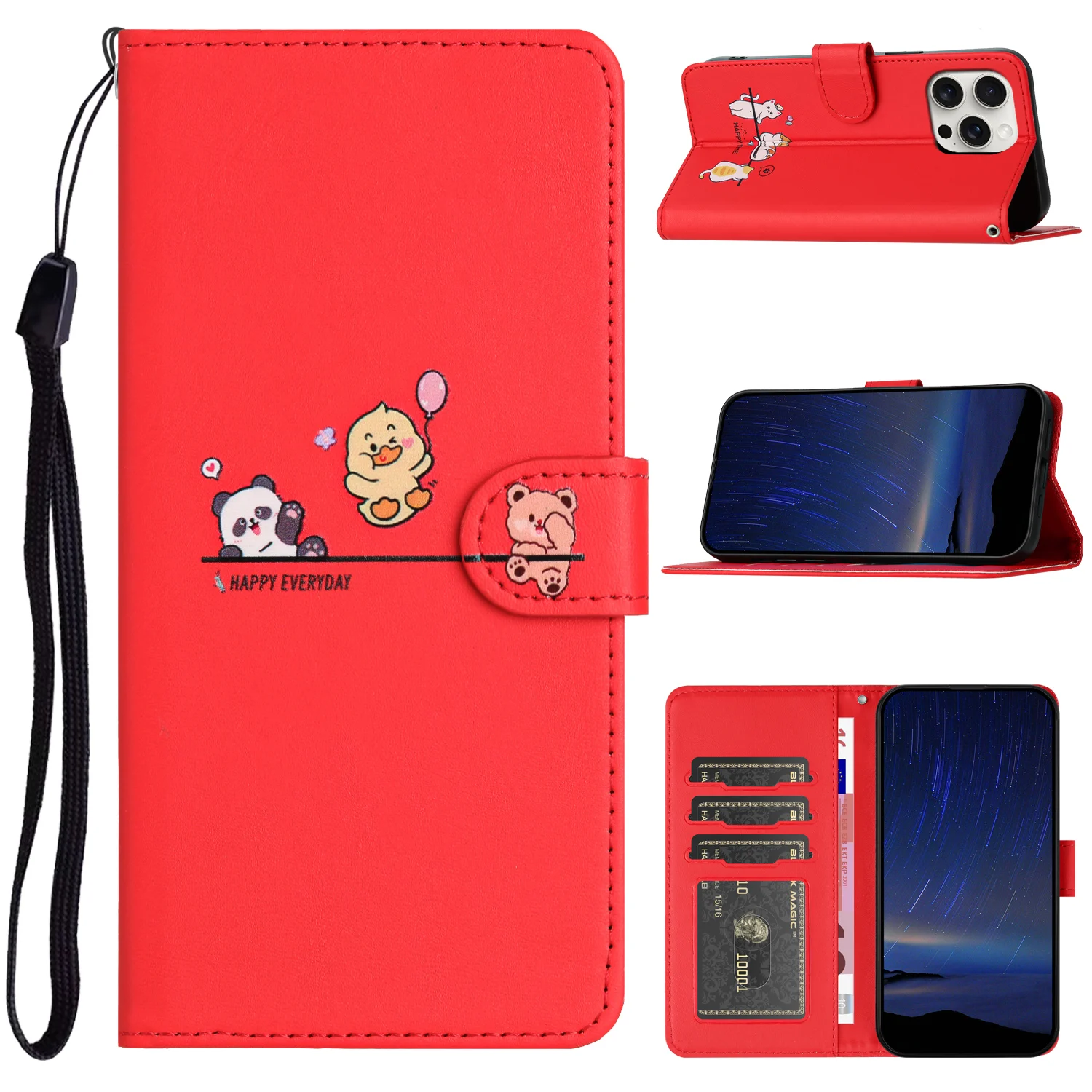 3D Animal Leather Phone Wallet Case with Card Holder - Cute Flip Cover