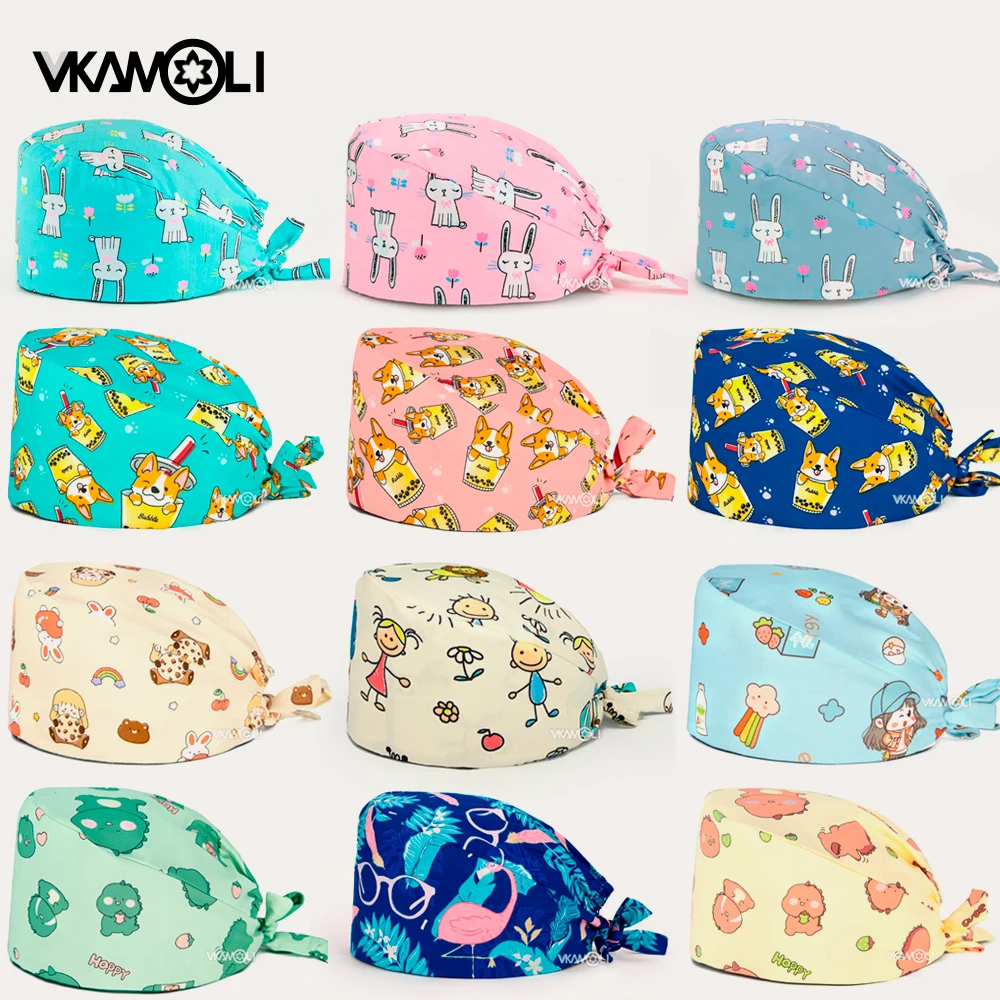 Cartoon Cute Rabbit And Dog Printed Surgical Cap Scrubs Cap Medical Hat Pet Doctor Nurse Care Cap Work Operation Cap