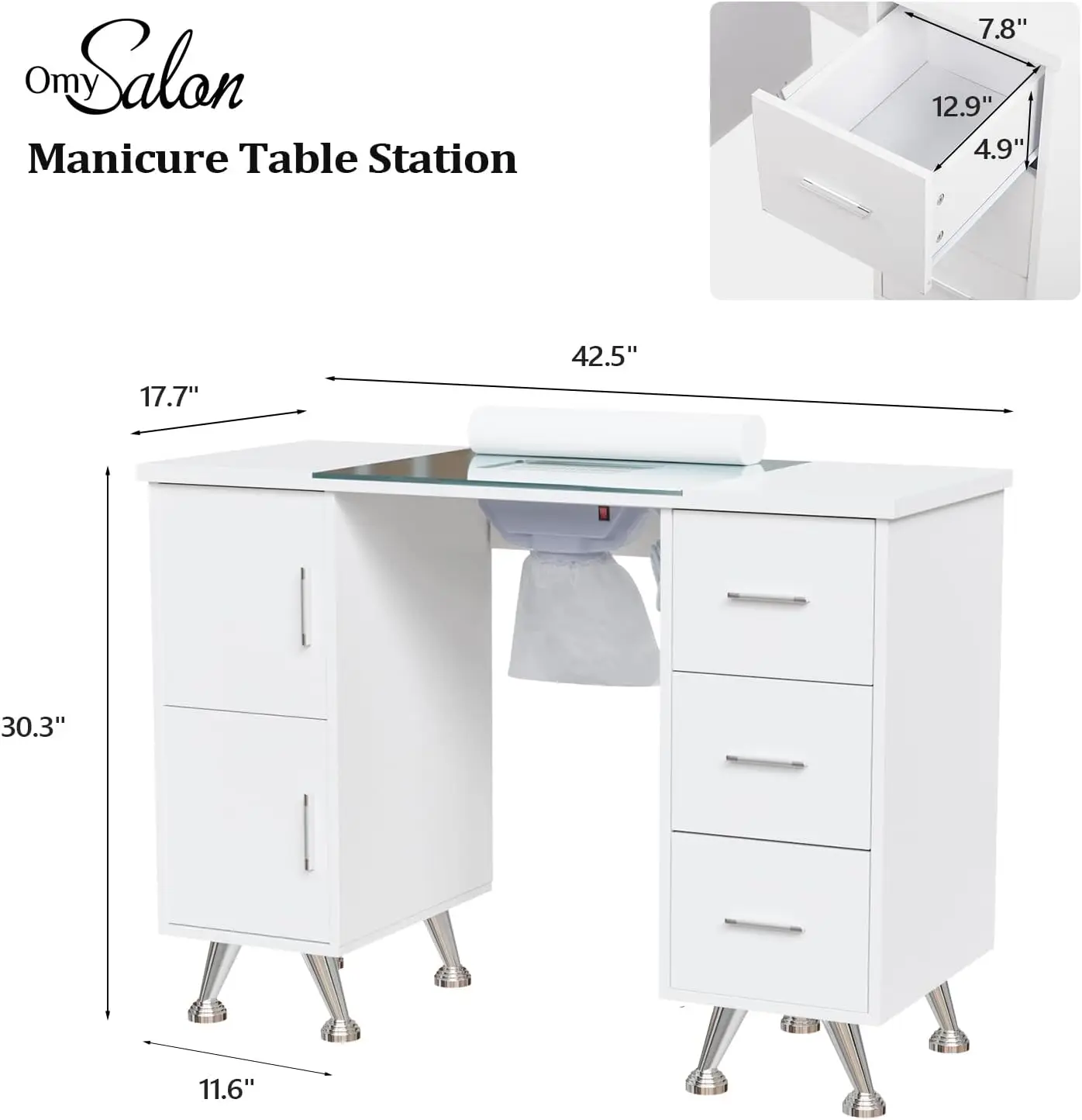 Manicure Table Nail Desk for Nail Tech w/Glass Top & Wrist Rest Beauty Salon Nail Supplies Decor Workstation Acetone Resistant