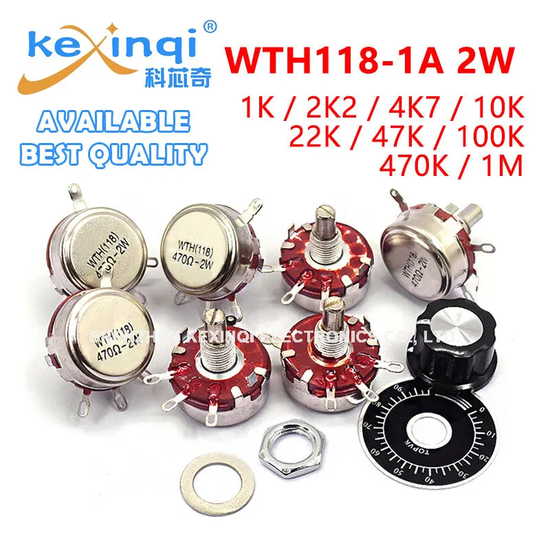 1set WTH118 1K 2.2K 4.7K 10K 22K 47K 100K 470K 1M 2W 1A Potentiometer New Authentic Variable Resistor  Resistance Cap and Dial 1 set wth118 diy kit parts 2w 1a potentiometer 1k 2 2k 4 7k 10k 22k 47k 100k 470k 1m mf a03