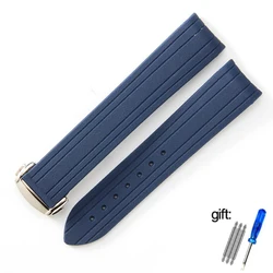 High - Quality Rubber Watch Strap with Folding Clasp and Curved End Design - 20mm (Blue silver buckle)