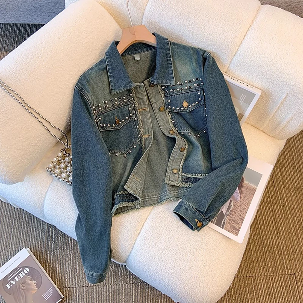 

Модные джинсовые куртки с заклепками для женщин, весна-осень, однобортные джинсовые пальто в стиле ретро с длинным рукавом, новинка 2024, женская верхняя одежда