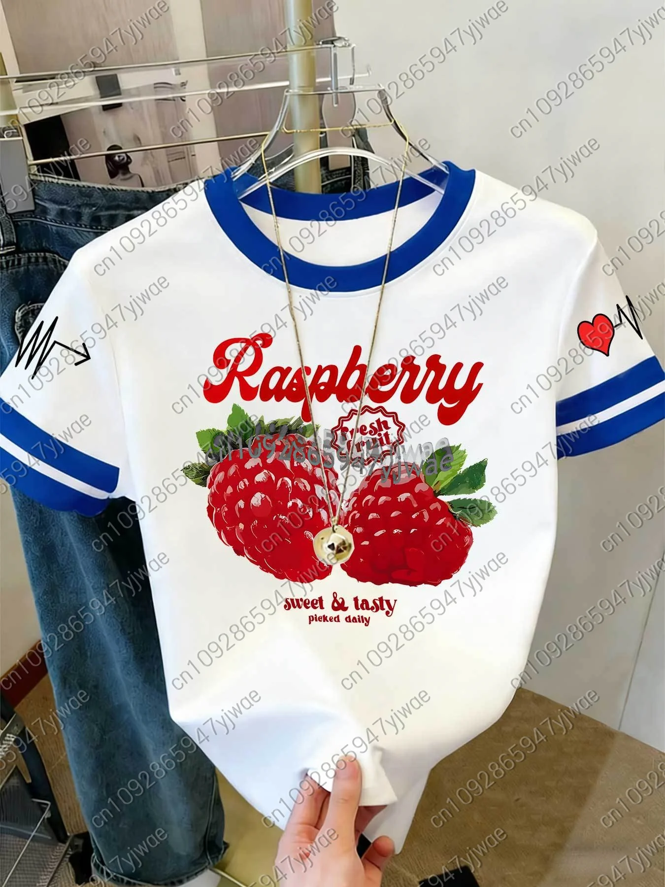 2026 Womens Short Sleeve Color-Block Fresh Raspberry Print Y2k T Shirt Girl Round Neck Tee Outdoor Sports Adult Women's T-Shirt 6