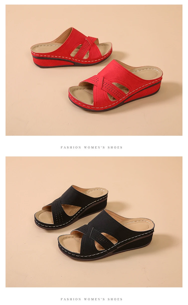 2026 Damen Sommer Keilabsatz-Sandalen mit offener Zehenpartie, Vintage Anti-Rutsch Leder Casual Plateau Retro 5cm Absatz Pantoletten – Detail 12