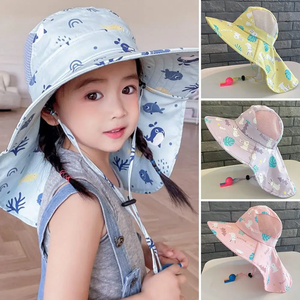 

Summer Baby Sun Hat With Neck Flap Strap Wide Brim Beach Hats Kids Bucket Hat UV Protection Panama Cap For Boys Girls Outdoor