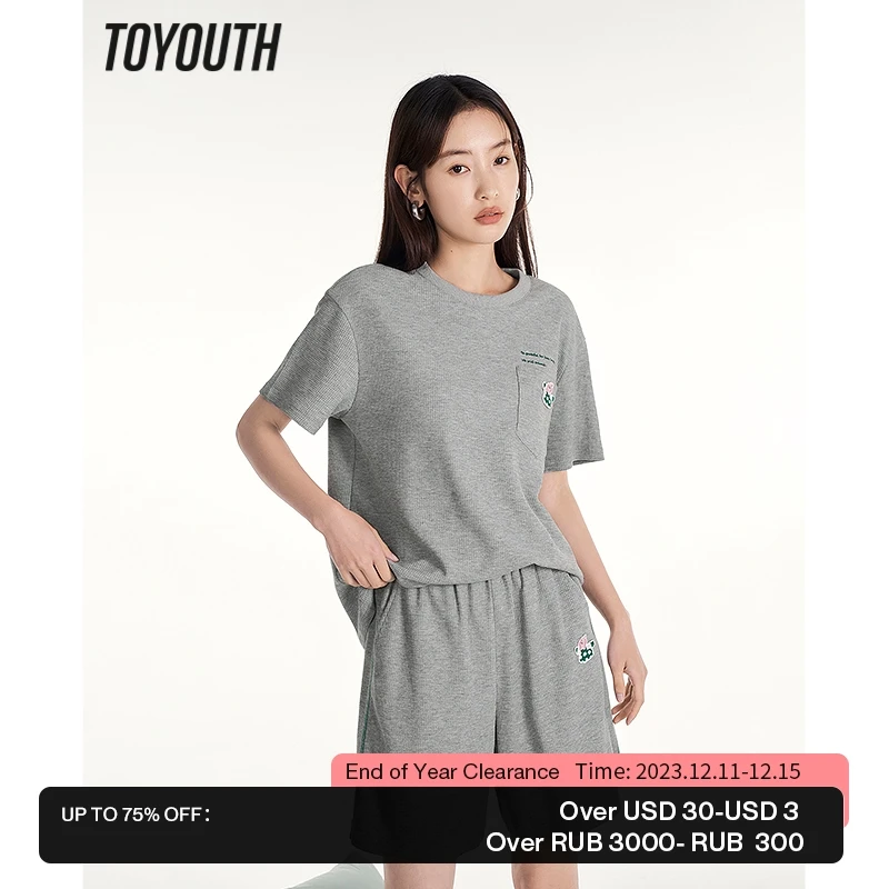 

Toyouth Women T-shirt 2023 Summer Short Sleeve Round Neck Loose Tees Waffle Fabric Purple Gray Casual Chic Design Tops