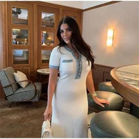 Elegant Contrasting Women Knit Maxi Dress Chic O-neck Short Sleeve Metal Buttons Bodycon Dresses Office Lady Commuting Robe - Image 4