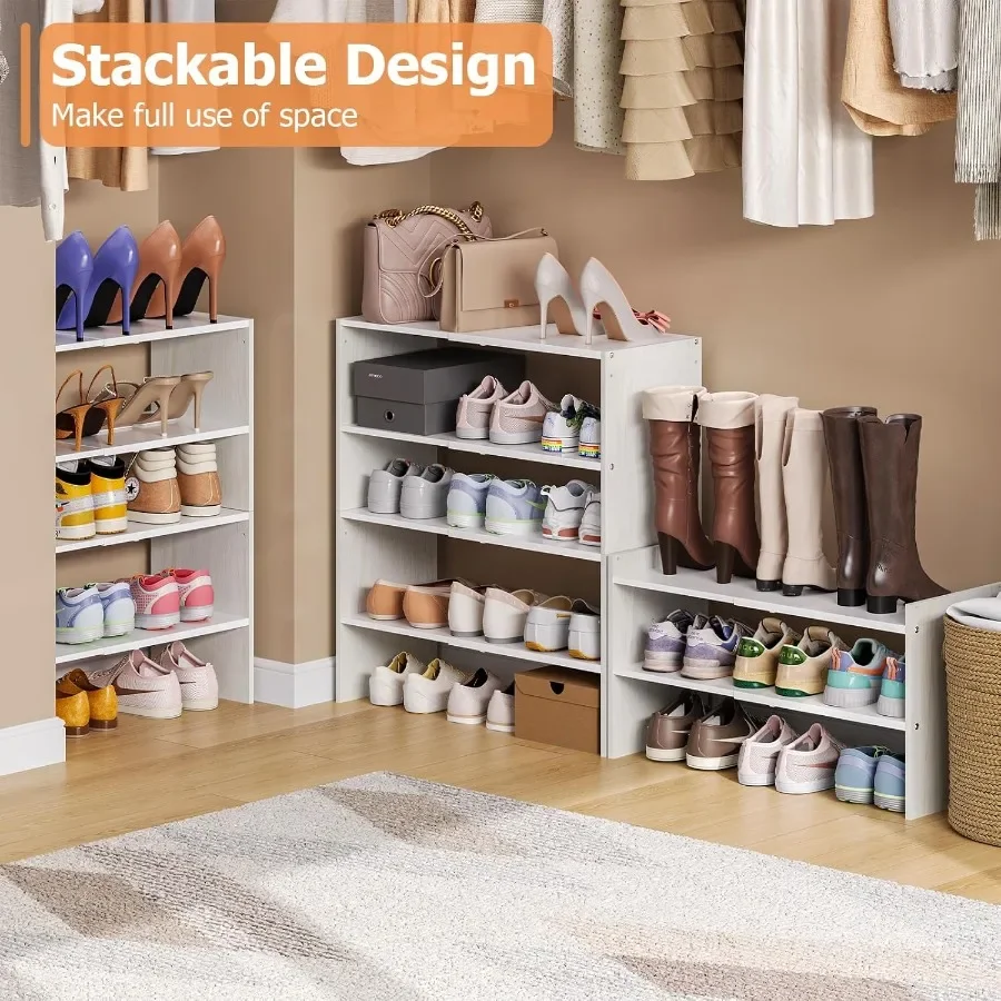 2Tier Shoe Rack Organizer for Closet Expandable and Adjustable White Shoe 1 Stackable Iron Wood Combination Shoe Storage She