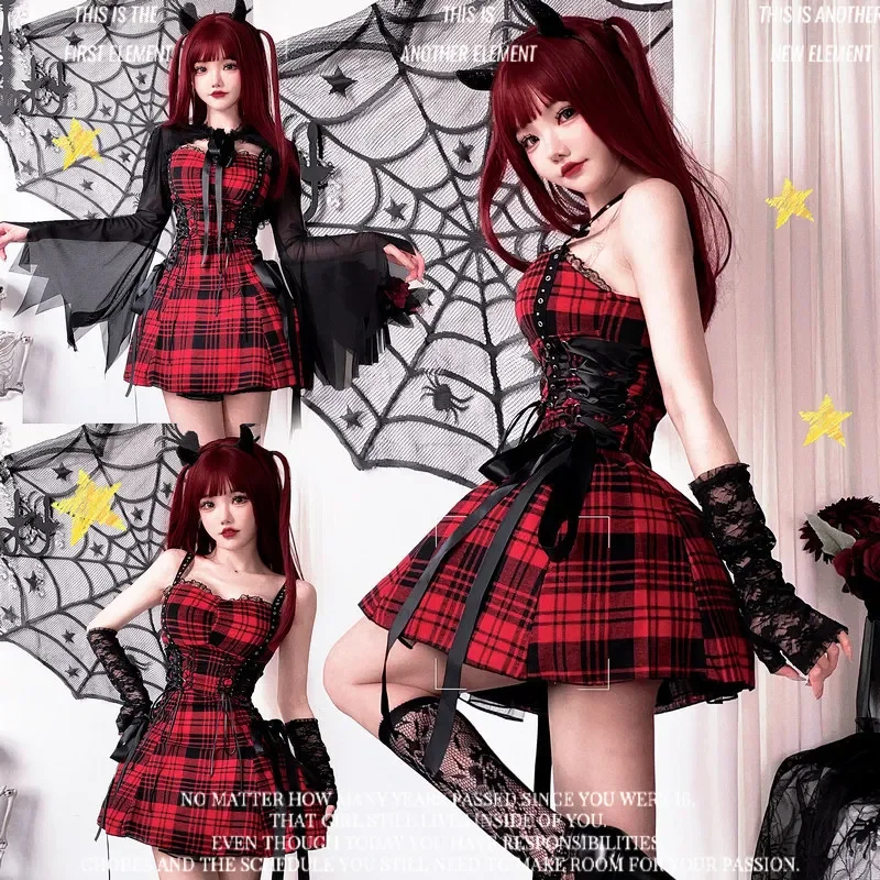 Dark Goth Red Plaid Dress Women Y2k E-girl Streetwear Lace Patchwork High Waist Corset Dress Aesthetic Vintage Partywear S-L