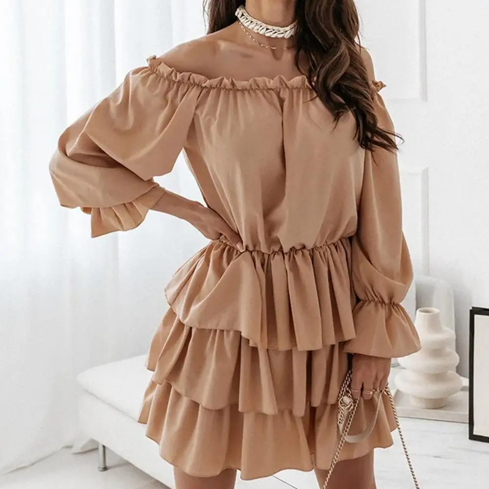 

Women Cake Dress Solid Color Slash Neck Lady Mini Dress A-Line Long Sleeve Ruffle Hem Tunic Dress Streetwear