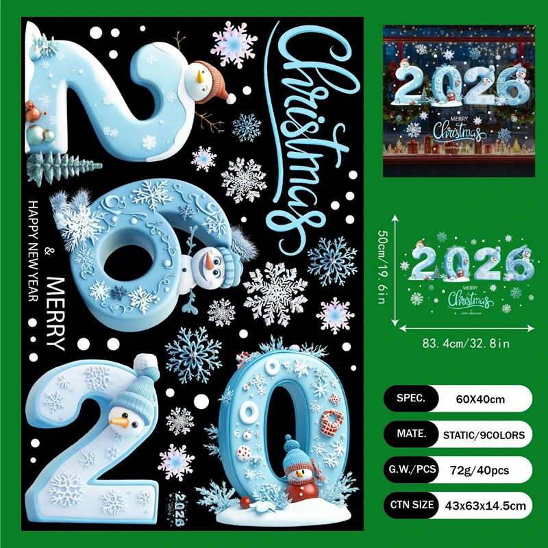 2026 Merry Christmas Window Stickers Cartoon Snowman Snowflakes Glass Decals New Year Home Decoration Electrostatic Sticker Gift