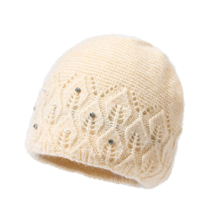 

Fashion Women Winter Hat Soft Warm Bonnets Solid Color Beanie Cap Knitted Hat Rhinestone Decor High Quality