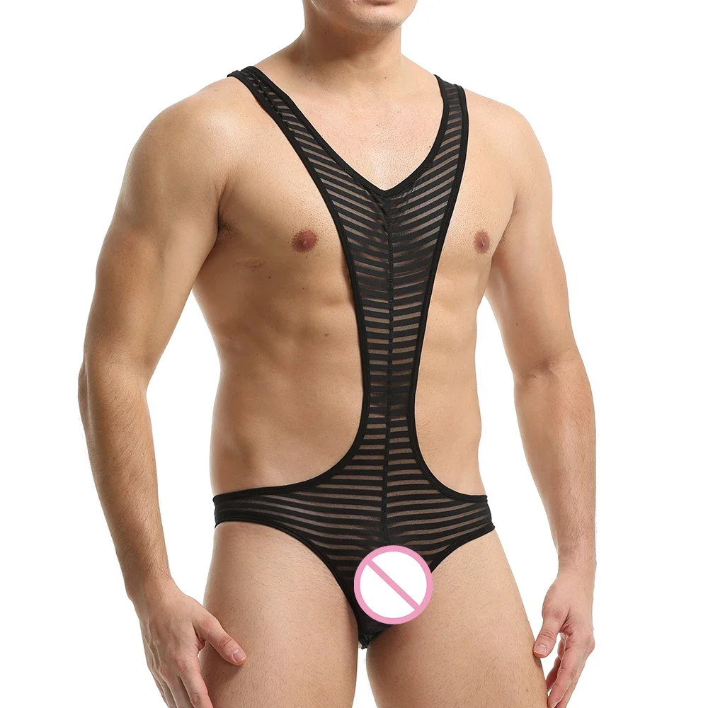 Men Undershirts Lingerie Ultra-thin Transparent Striped Bodysuit Leotard Wrestling Singlet Jumpsuits Sheer Gay Underwear