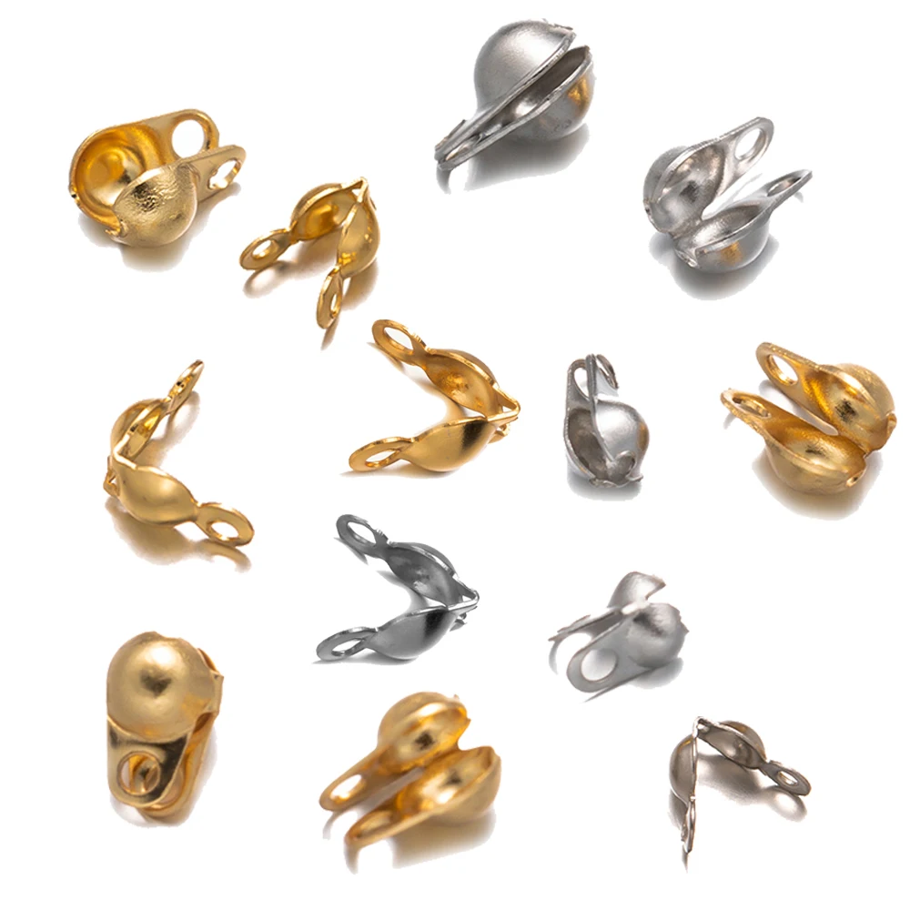 500 Stück Gold Edelstahl Crimp End Tips Knotenabdeckungen Clamshell Fold-Over Bead für DIY Armband Halsketten Schmuckherstellung Versorgung
