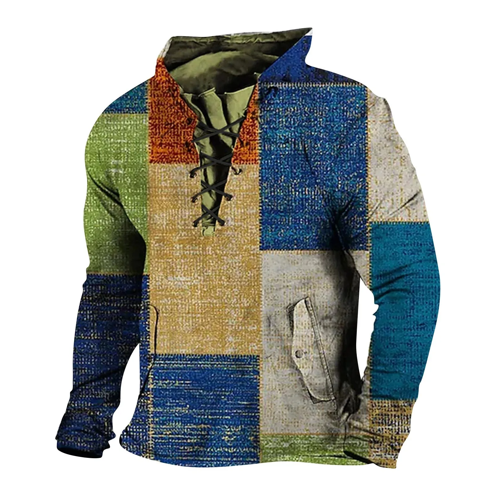 

2023 New Men's V-neck T-shirt Fashion Vintage Long Sleeve Top Men Casual Breathable Front Lace Up Male Shirts Fashion Print Tops