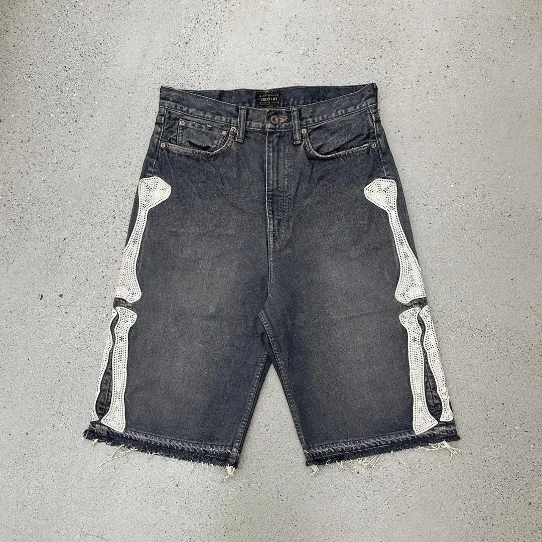 Fashion Y2K Street Clothing Bone Embroidered Women Denim Shorts Loose Casual Harajuku Men and Women Straight Tube Pants