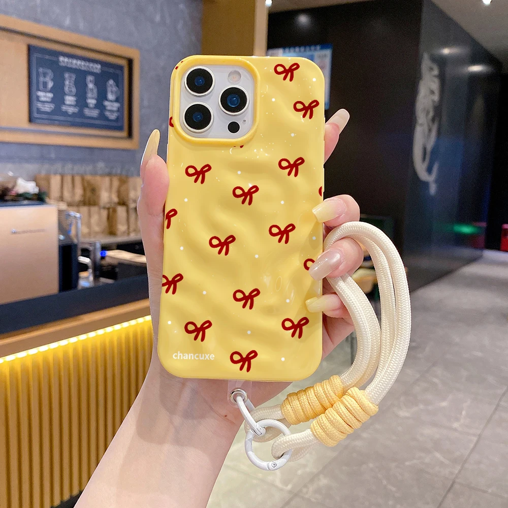 Elegant Burgundy Bow Phone Case with Lanyard - Shockproof Soft TPU Protection