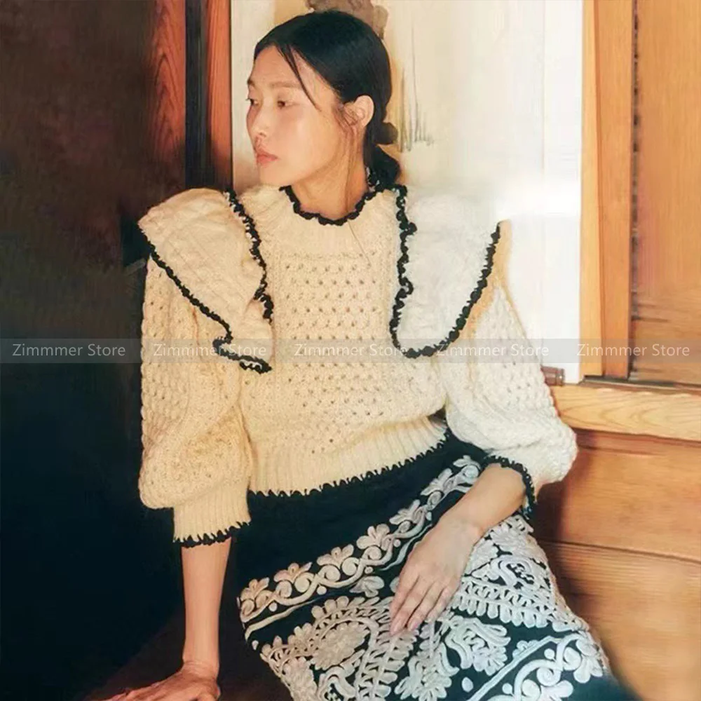 

2023 autumn and winter new hand knitting small fly sleeve knitting high neck pullover jumper women