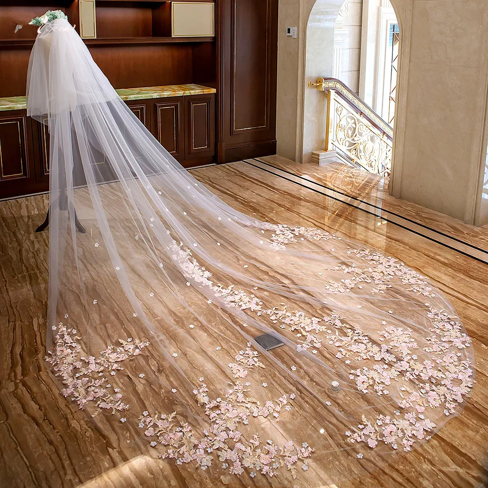 Wedding Veils Long 2 Tiers Blusher Bridal Veil Lace Edge Romantic Pink Flowers Floral Appliqued White Ivory Bride Accessories