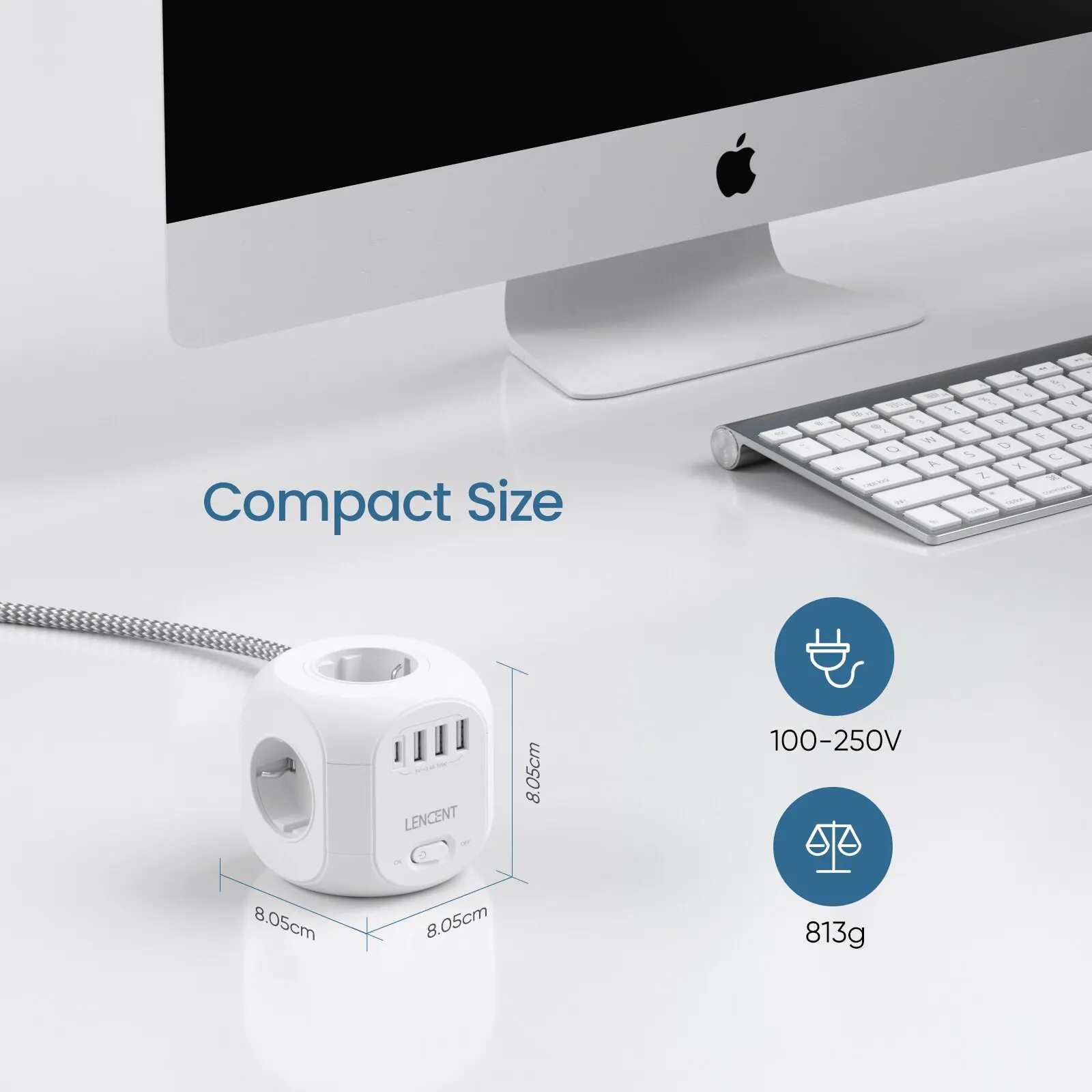 Power Strip LENCENT EU Plug with 4 AC Outlets 3 USB Port 1 Type C 2M/3M Braided Cable Multi Socket with Switch for Home