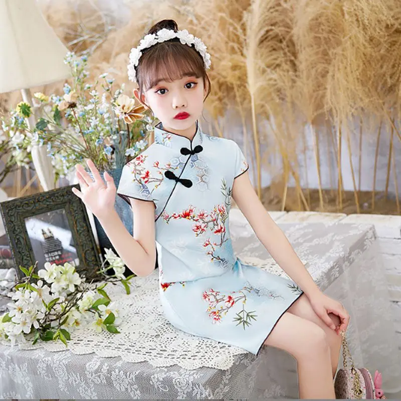 2023 Chinese Style Qipao Floral Dress Tang-Suit Children Clothes Kids Hanfu Flower Print Cheongsam for Girls