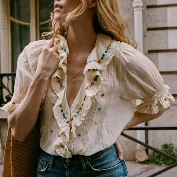 2025 Autumn New V Neck Cotton Embroidered Blouse with Ruffles and Puff Sleeves Women Shirt