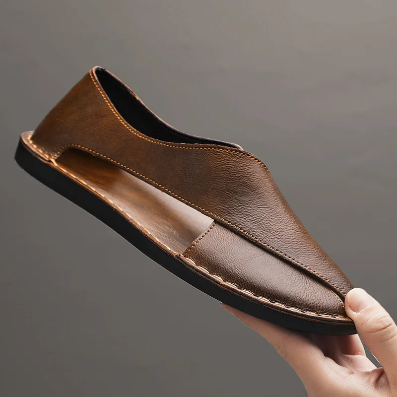 Summer Men's Sandals Handmade Leather Casual Shoes Comfortable Slip-On Beach Shoes Breathable Sandals Loafers Wading Aqua Shoes