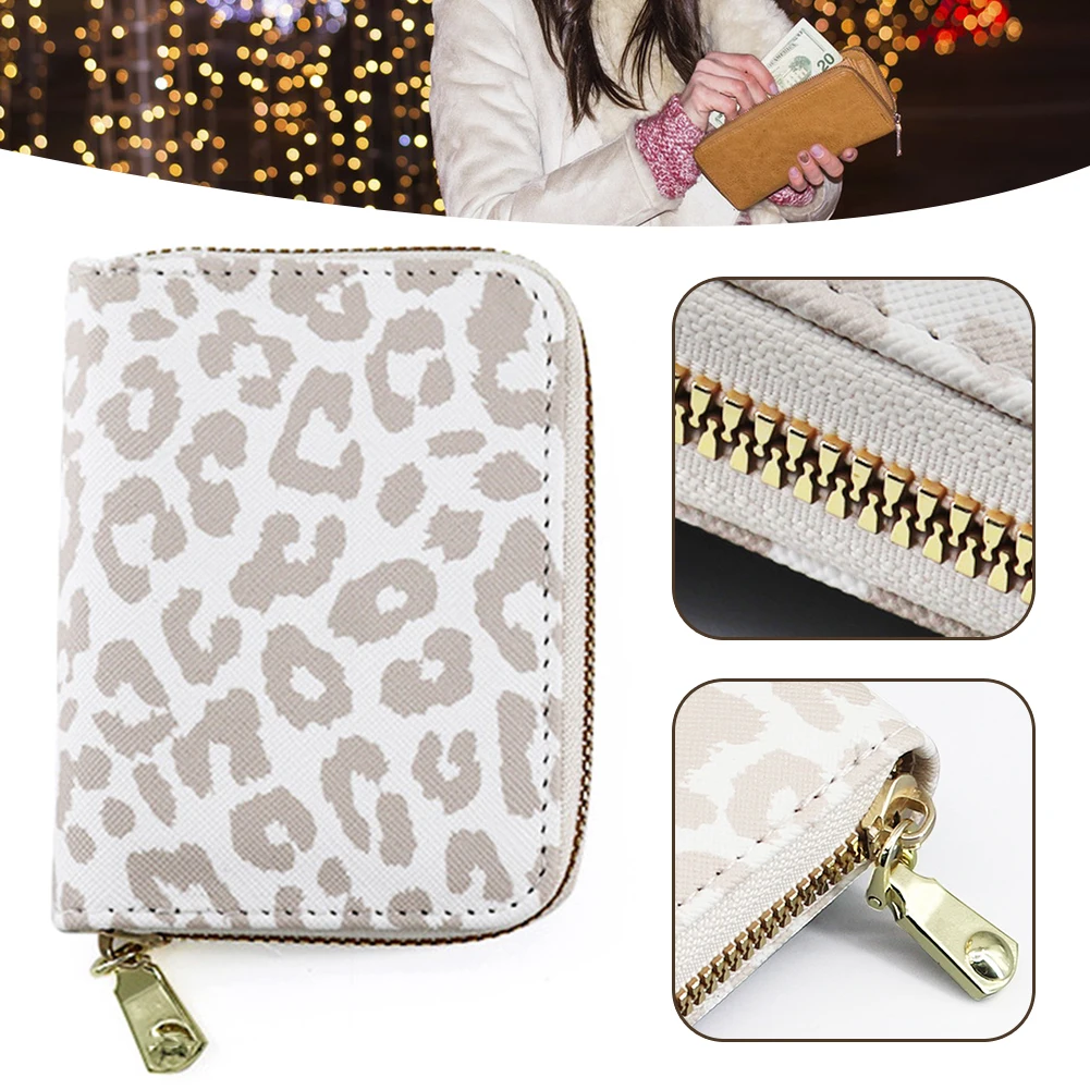 White Leopards Print Zipper Card Bag Wear-Resistant Ultra-thin Card Sleeve Business Wallet for Credit Storaging 지갑