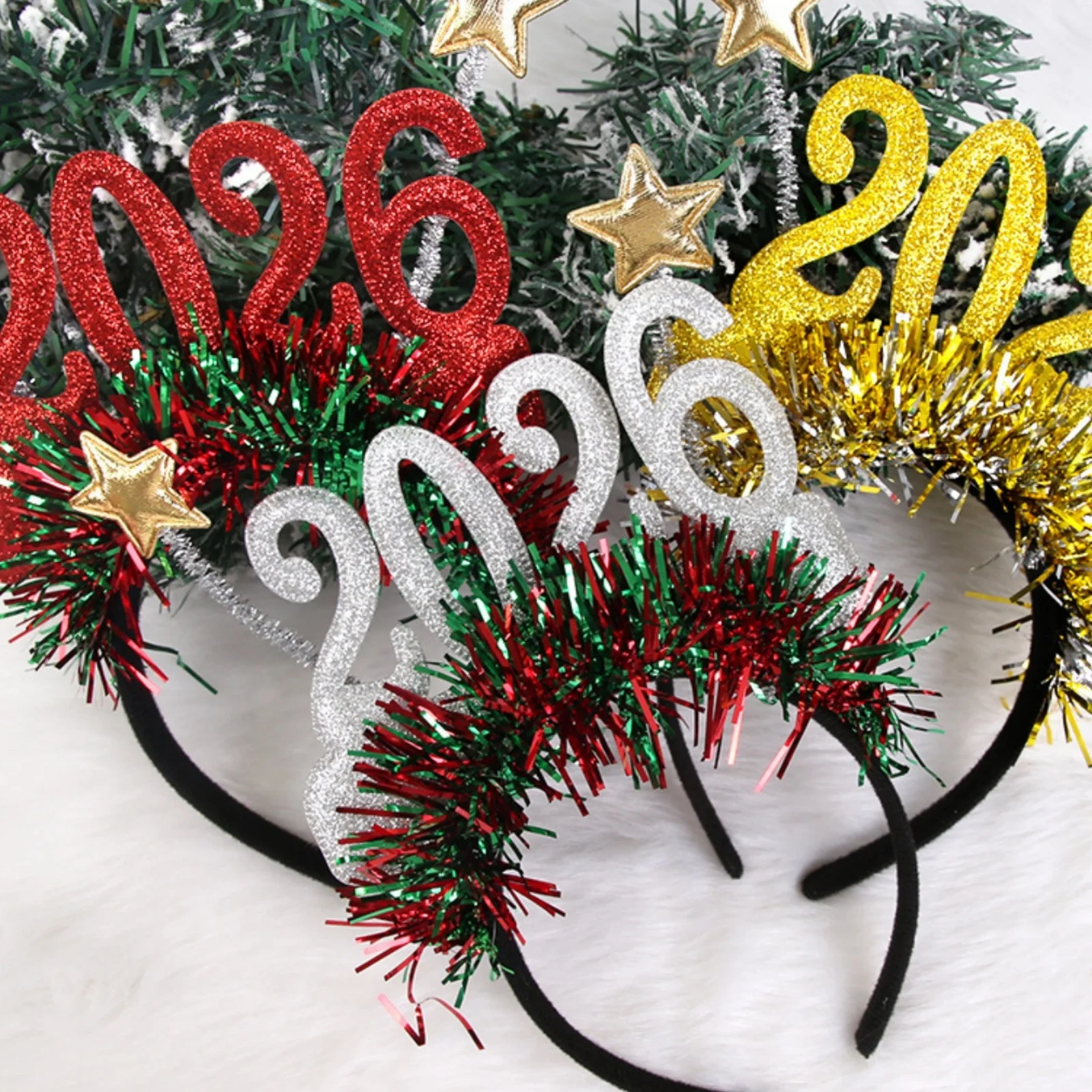 1PCS 2026 New Year Headbands, Glitter Tinsel Star Hair Hoops, NYE Party Favors, Holiday Hair Accessories