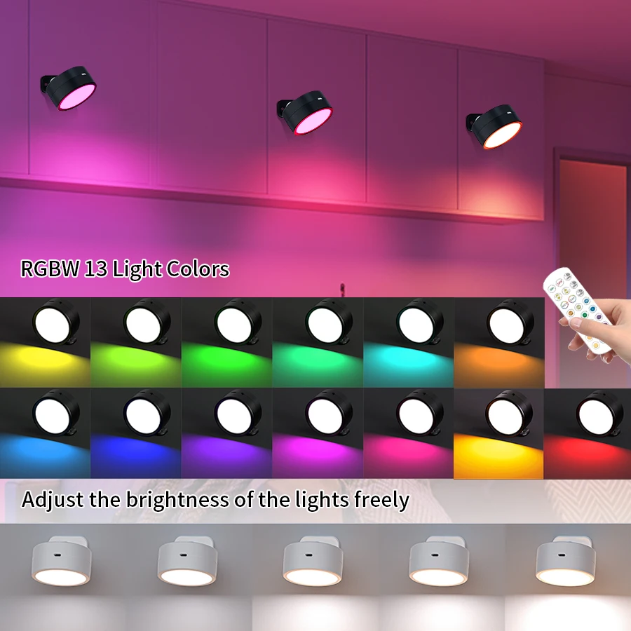 충전식 LED 스포트라이트, 리모컨 무선 벽등, 침실 인테리어용 RGB 360 ° 회전식 자기 조광 가능