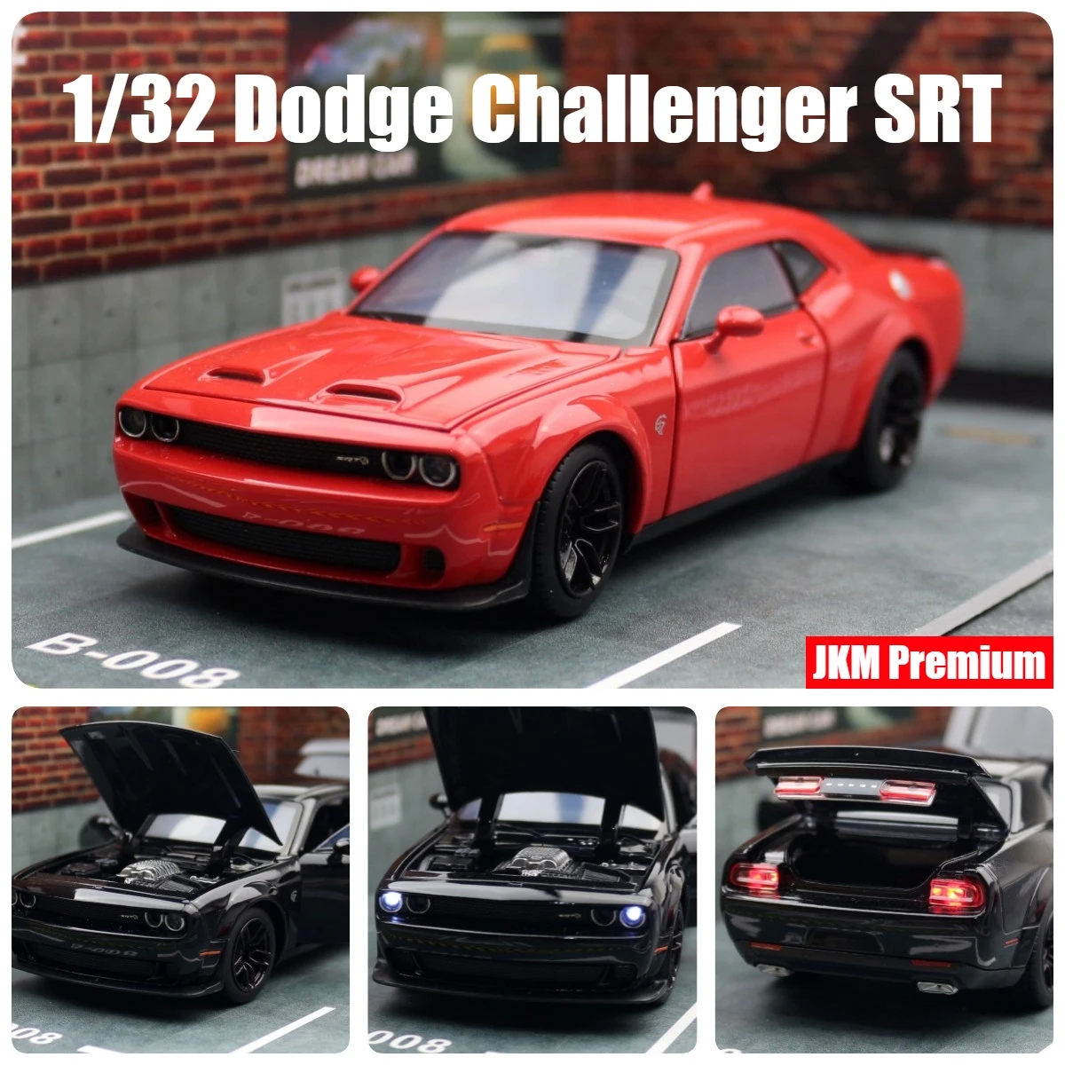 1/32 Dodge Challenger Srt Toy Car Model Jkm Diecast Miniature 1:32 Porte Apribili Sound & Light Vehicle Collection Gift For Kid