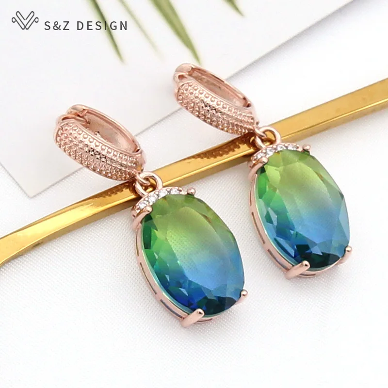 S&Z DESIGN Fashion Oval Egg Shape Imitation Tourmaline Dangle Earrings For Women Wedding Party 585 Rose Gold Color Jewelry