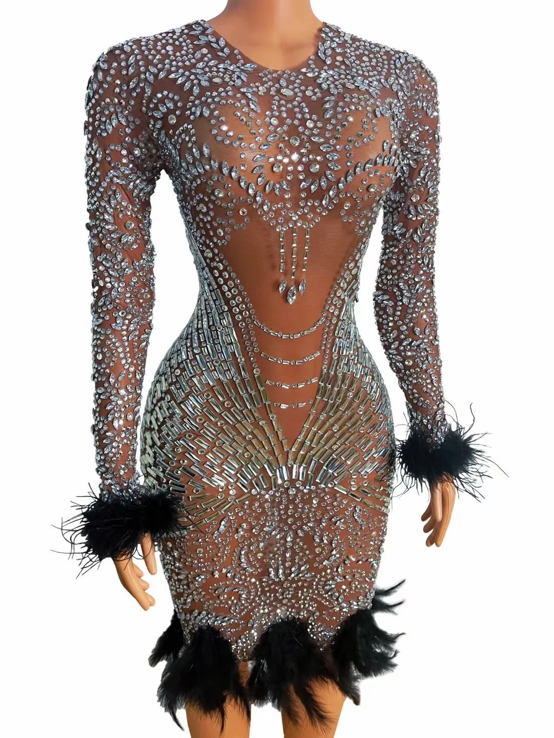 

Brown Shining Rhinestones Sexy Long Sleeves Sheath Dress For Women Nightclub Party Clothing Singer Stage Costumes Drag Queen